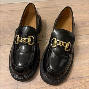 Black Patent Loafers with Gold Chain Detail